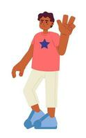 africain américain garçon avec paix les doigts semi plat coloré vecteur personnage. adolescent garçon souriant heureux. modifiable plein corps la personne sur blanche. Facile dessin animé place illustration pour la toile graphique conception