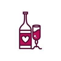 bouteille de vin et tasse en verre célébration romantique boisson boisson icône ligne et rempli vecteur