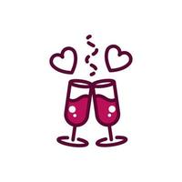 verres à vin cheers amour coeurs célébration boisson boisson icône ligne et rempli vecteur