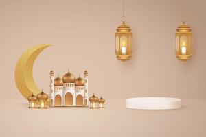 ramadan ou eid mubarak fond avec deux lanternes suspendues et podium vecteur