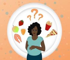 nutrition pour les femmes enceintes alimentation saine et restauration rapide quoi de mieux femme enceinte mange afro-américain personne vecteur