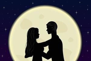 couple romantique amoureux embrasser dans les silhouettes au clair de lune de la femme et de l'homme pleine lune et étoiles dans l'illustration vectorielle de fond vecteur