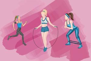 illustration vectorielle de filles de remise en forme effectuant des exercices sportifs sur fond rose vecteur