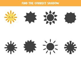 trouver la bonne ombre du puzzle logique mignon soleil kawaii pour les enfants vecteur