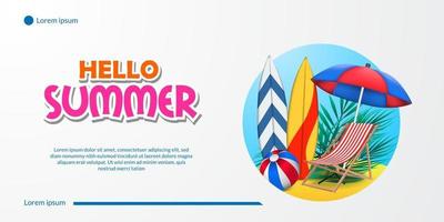 Bonjour bannière d'été avec plage de sable de vacances côte avec chaise parapluie planche de surf et illustration de paysage de balle