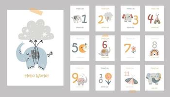 cartes bébé mensuelles avec des éléphants mignons vecteur