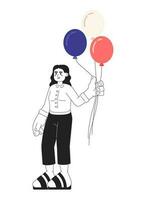 arabe Jeune femme en portant rouge blanc et bleu des ballons monochromatique plat vecteur personnage. nous vacances. modifiable ligne plein corps la personne sur blanche. Facile bw dessin animé place image pour la toile graphique conception