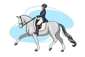 équitation, femme, équitation, cheval dressage, dans, dessin animé, style vecteur