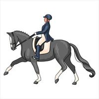 équitation, femme, équitation, cheval dressage, dans, dessin animé, style vecteur