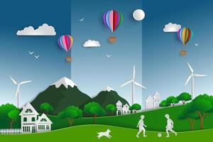 concept d'éco-friendly sauver le monde et l'environnement avec la nature verte paysage papier art scène fond enfant jouant au football sur le terrain avec chien vecteur