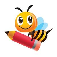dessin animé mignon abeille porter un crayon de couleur rouge géant à l'école vecteur