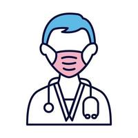 médecin de sexe masculin portant un masque médical avec ligne de stéthoscope et icône de style de remplissage vecteur