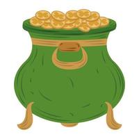 Chaudron vert bonne fête de la st patrick avec icône de pièces vecteur plat