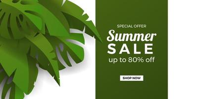 promotion de bannière offre de vente d & # 39; été avec des feuilles tropicales de banane et de monstera avec fond blanc et vert vecteur