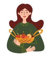 belle fille avec un panier de pommes saison de récolte concept alimentaire sain produits agricoles fille agriculteur détient des fruits dans une illustration vectorielle de panier dans un style plat de dessin animé vecteur