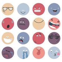 visages de bande dessinée abstraite ronds avec diverses émotions différents personnages colorés style de dessin animé émoticônes design plat ensemble visages emoji émoticône sourire expression de smiley numérique émotions sentiments chat messager émoticônes vecteur