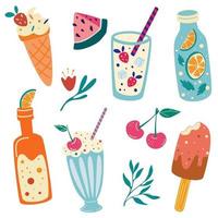 nourriture et boissons d'été pastèque cerise glace limonade soda milkshake vacances d'été mignon ensemble dessiné à la main icônes de fête de plage bon pour les bannières web affiches cartes illustration vectorielle vecteur