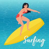 femme debout sur une planche de surf à l & # 39; océan vecteur