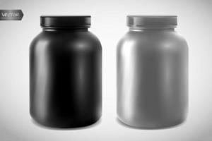 Conteneurs de nutrition sport vecteur réaliste sans étiquette protéine de lactosérum et pot en plastique noir gainer de masse isolé sur fond blanc