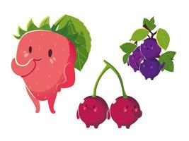 fruits kawaii drôle de visage bonheur fraise raisins et cerises vecteur
