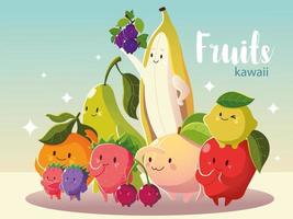 fruits kawaii drôle mignon banane pomme poire pêche orange cerise et citron vecteur