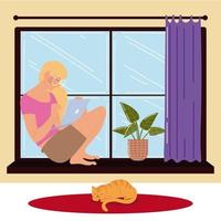 femme assise sur la fenêtre et travaillant sur un ordinateur portable à la maison vecteur