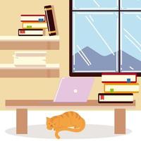 travailler à la table de bureau à domicile avec étagère de livres pour ordinateur portable et chat vecteur