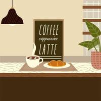 café, croissant, latte, lampe, et, plante vecteur