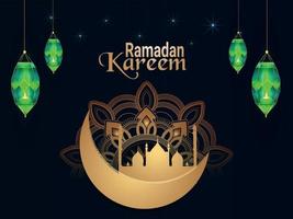 fond de festival islamique ramadan kareem avec lune d'or et mosquée et lanterne vecteur