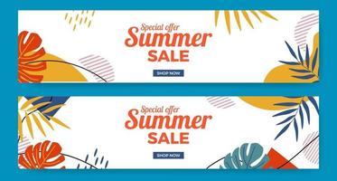 promotion de bannière offre de vente d'été avec des feuilles jungle hipster memphis abstrait avec fond blanc vecteur