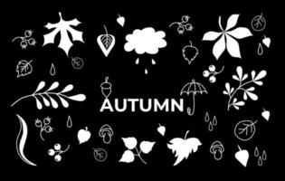 ensemble de dessins d & # 39; automne sur un contour de fond noir et silhouette vecteur