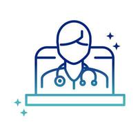 Médecin de santé en ligne avec stéthoscope en consultation d'ordinateur portable covid 19 icône de ligne de gradient pandémique vecteur