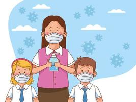 Covid préventif à l'école avec un couple d'étudiants et un enseignant utilisant un savon antibactérien vecteur