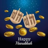 carte de célébration joyeuse hanoukka avec dreidels et pièces de monnaie vecteur