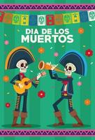 carte de célébration dia de los muertos avec squelettes mariachis et guirlandes vecteur