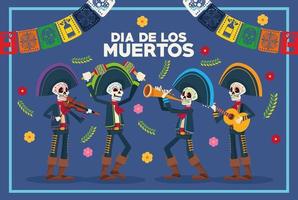 Carte de lettrage dia de los muertos avec squelettes mariachis et guirlandes vecteur