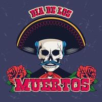 affiche de dia de los muertos avec crâne de mariachi et fleurs roses vecteur