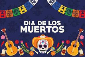 affiche de célébration de dia de los muertos avec tête de crâne portant un chapeau et des guitares vecteur