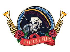 affiche de dia de los muertos avec crâne de mariachi et trompettes vecteur
