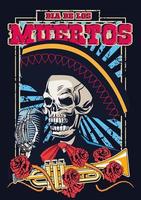 affiche de dia de los muertos avec crâne et trompette de mariachi vecteur