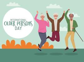 Journée internationale des personnes âgées lettrage avec des personnes âgées sautant célébrant sur le terrain vecteur