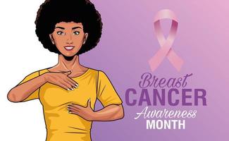 lettrage du mois de sensibilisation au cancer du sein avec auto-examen femme afro et ruban