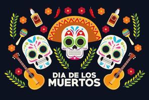 affiche de célébration de dia de los muertos avec groupe de têtes de crânes et guitares vecteur