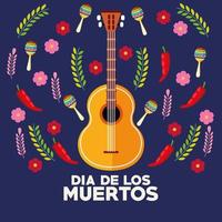 affiche de fête dia de los muertos avec guitare et fleurs vecteur