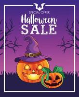 affiche saisonnière de vente halloween avec des citrouilles portant une scène de chapeau de sorcière vecteur