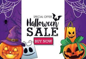 affiche saisonnière de vente halloween avec des citrouilles portant un chapeau de sorcière et un cadre de sacs à provisions vecteur