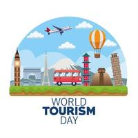 célébration de lettrage de la journée mondiale du tourisme avec van et monuments vecteur