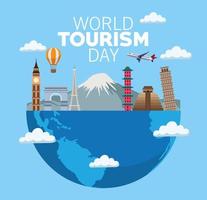 célébration de la journée mondiale du tourisme avec la moitié de la planète terre et les monuments vecteur