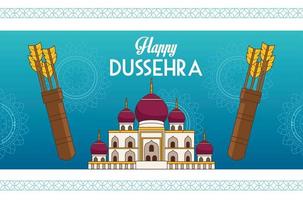 affiche du festival dussehra heureux avec la construction de la mosquée et les sacs de flèches vecteur