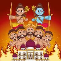 affiche du festival dussehra heureux avec deux rama et dix ravana à tête dans le bâtiment de la mosquée vecteur